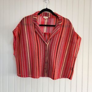POL Red Open Knit Weave Boxy Button Front Blouse Top Medium